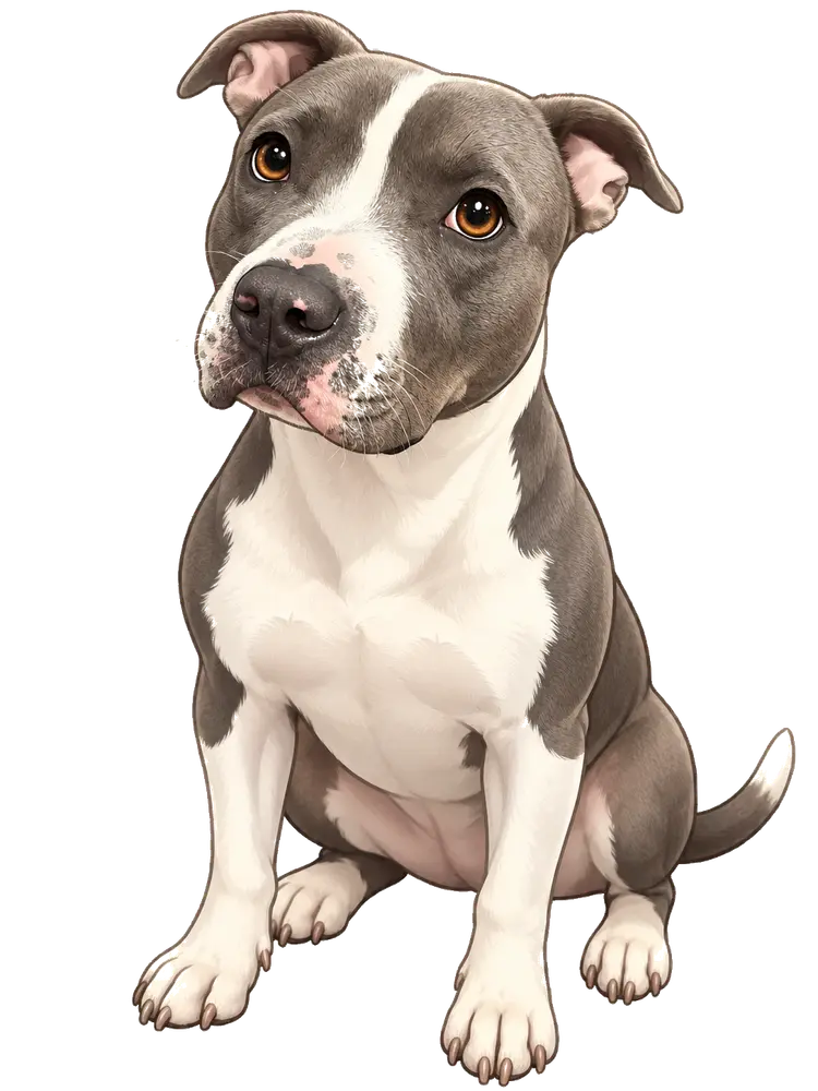 Maizie, a gray-and-white cartoon pit bull.